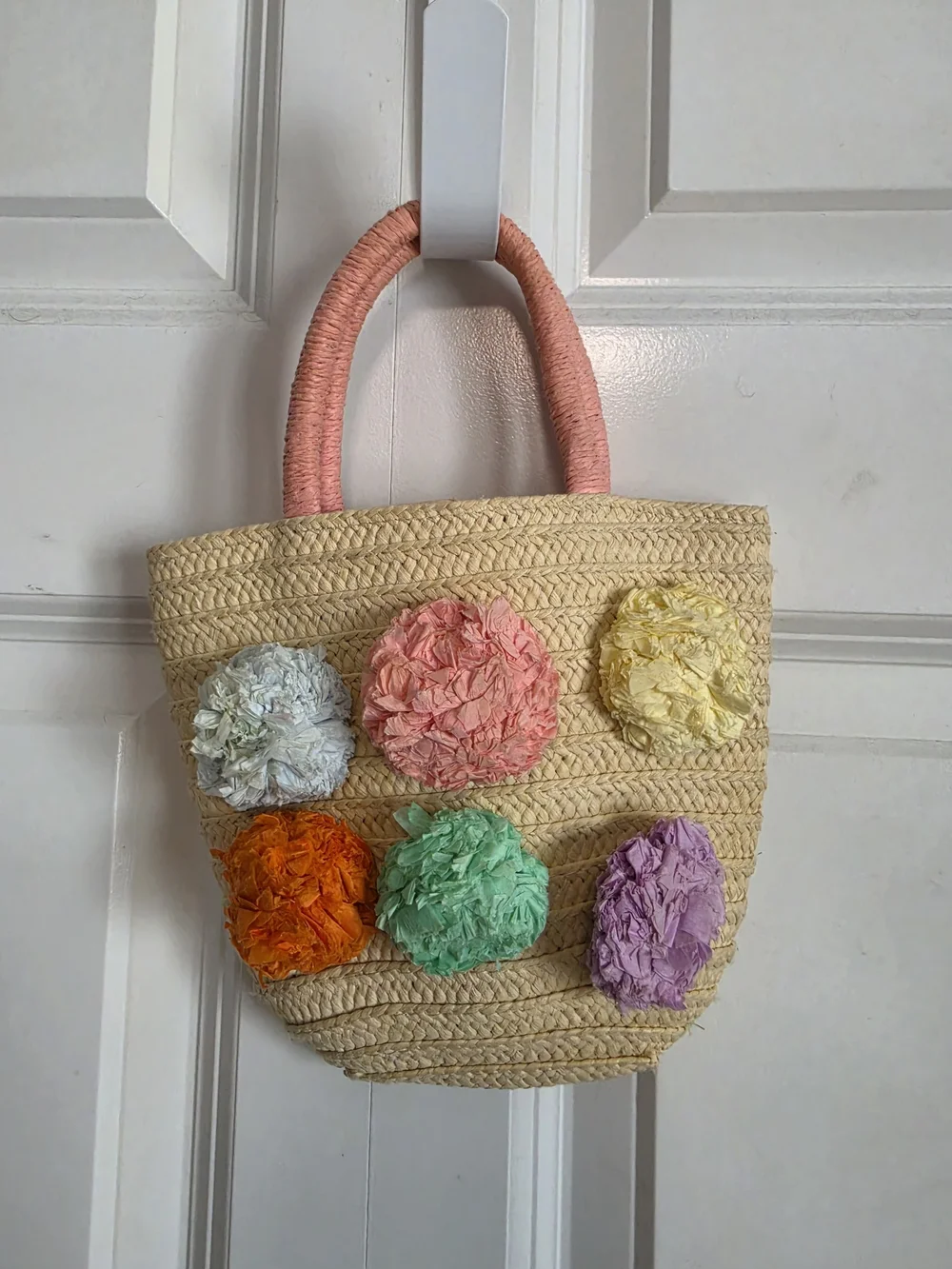 Target Straw Kids Tote with Pink Handle and Multicolor Flower Poms